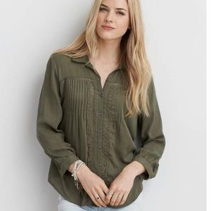 Pintucked button down shirt in olive green
